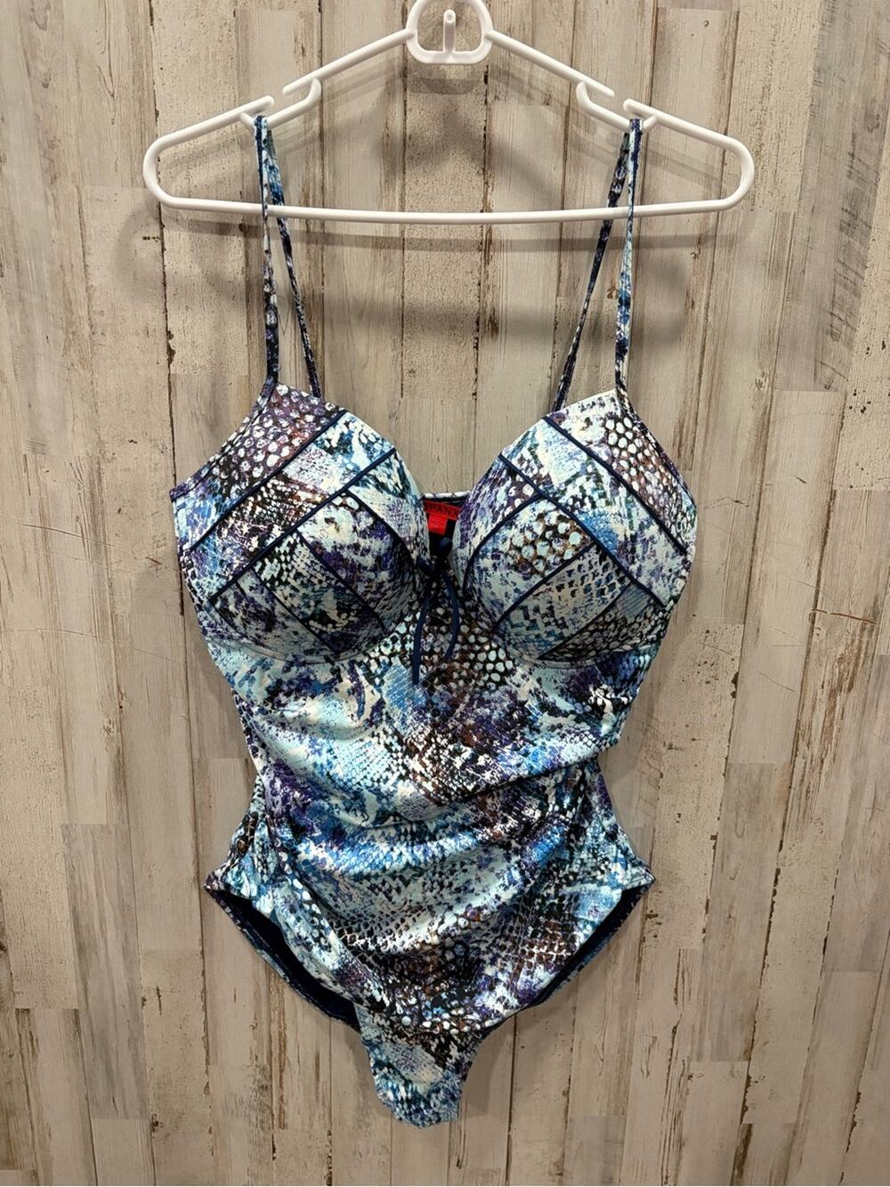 Spanx Blue Python Nile Bra-llelujah Underwire One Piece Swimsuit 14 D/DD
